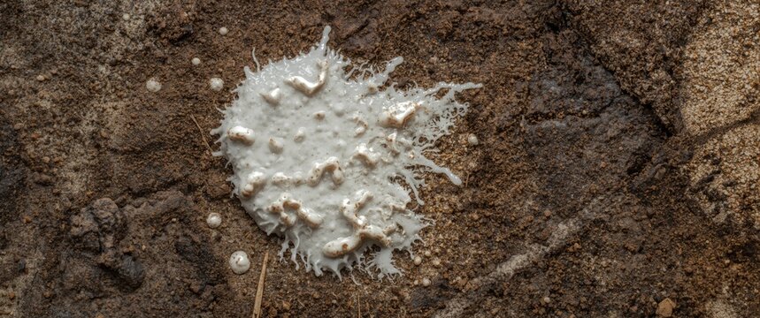 Crawling white slime mould myxomycete spreading on textured surface with amoebae and copy space