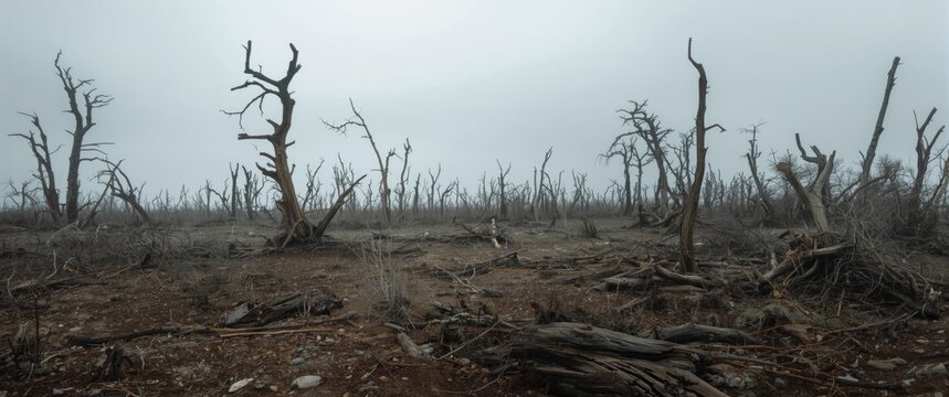 Forest landscape suffering from climate change effects with windblown damaged trees