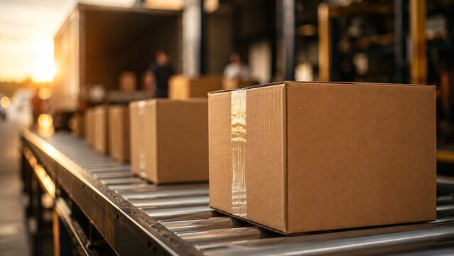Cardboard boxes moving on a conveyor belt into a semi truck trailer at a warehouse. Logistics and goods delivery process. Supply chain management and industrial transportation system.