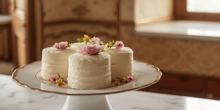 Fluffy vanilla chiffon cakes garnished with edible flowers