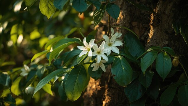 Freshly bloomed white Passiflora foetida flowers surrounded by thick green leaves on tree
