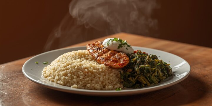 East African staple dish featuring ugali paired with fresh fish and cooked greens