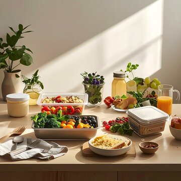 A kitchen table with a variety of food and drink