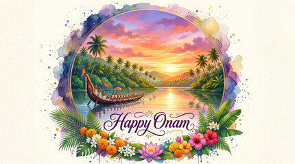 Obraz premium Happy Onam Festival Watercolor Illustration with Kerala Backwaters Snake Boat and Tropical Floral Design
