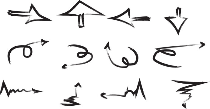 Black and white hand drawn style illustration displaying a collection of diverse directional arrows, featuring straight, curved, and irregular squiggly shapes arrow isolated on a solid background.
