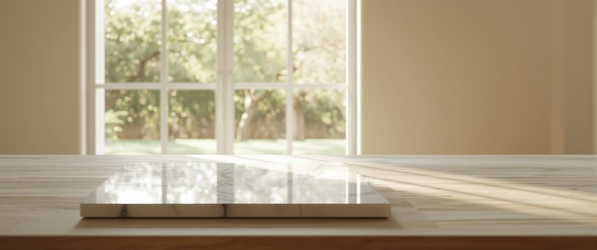 Elegant white stone marble surface on table with unclear interior and garden view through large window for layouts