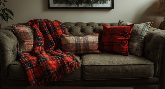 Cozy living room setup featuring a tartan couch with a plaid blanket and pillows for ultimate relaxation