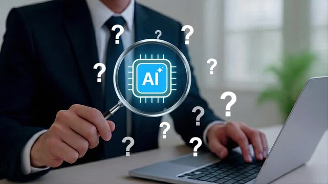 Business professional using a laptop while examining an AI chip through a magnifying glass, representing smart tool selection, technology research, automation strategy, and digital innovationn, and co