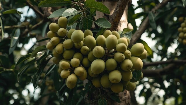 Clusters of marula fruits developing on tall marula tree