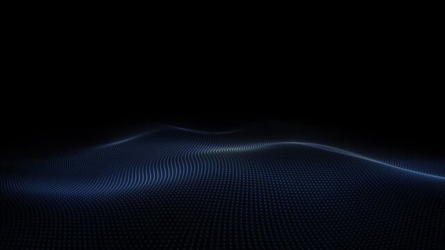 Navy transparent wavy space rotating glowing particle relief on black background. Abstract blue dotted landscape with smooth displacement motion and flowing digital depth, seamless loop 4K 60 fps.
