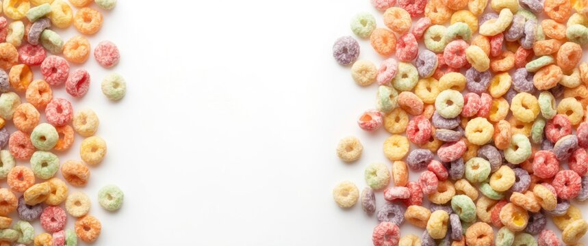 Fruit loops arranged on smooth white background with plenty of copy space