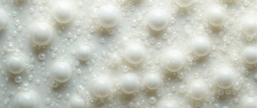 Extreme close-up of milky and oily globules on a smooth white backdrop