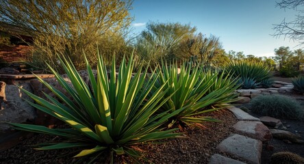 Fototapeta premium Drought tolerant green garden plants surrounded by stone landscaping with desert inspired flora