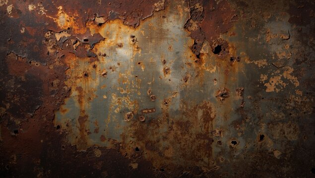 Close-up of industrial metal surface with rust erosion and perforation from decay