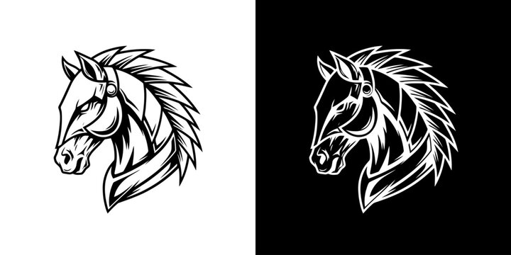 Monochrome Horse Head Illustration with Bold Outlines on Contrasting Backgrounds.