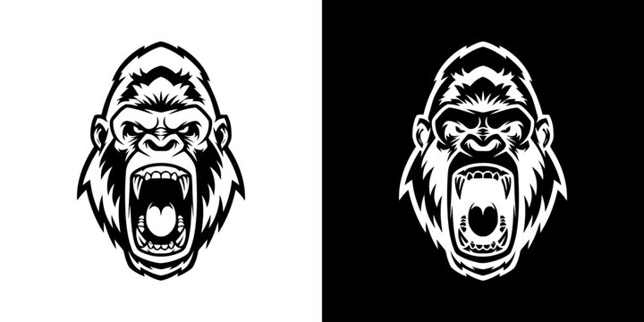Monochrome Gorilla Head Illustration with Aggressive Expression and Open Mouth.