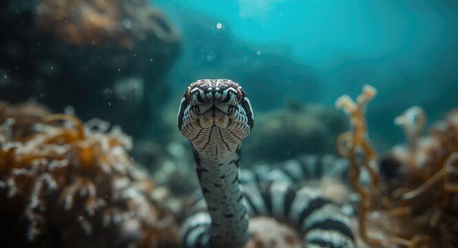 Detailed close up of a banded sea krait in natural habitat