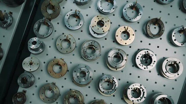 Assorted precision metal circular components and machining fixtures neatly arranged on a perforated workshop storage panel, showcasing industrial flanges, rings, and tooling.