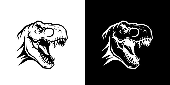 Monochrome Tyrannosaurus Rex Head Illustration on Contrasting Backgrounds.