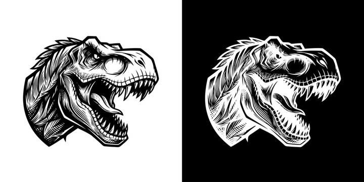 Monochrome Tyrannosaurus Rex Head Illustration on Contrasting Backgrounds.