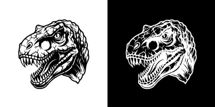 Monochrome Tyrannosaurus Rex Head Illustration on Contrasting Backgrounds.