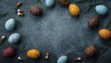 Obraz premium Festive Easter message with assorted chocolate eggs decorated with vibrant sprinkles on a gray concrete surface including copy space