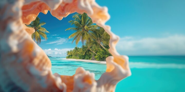 Colorful tropical travel backdrop accented with a seashell frame
