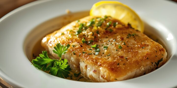 Cooked haddock fillets served with lemon wedges and fresh parsley