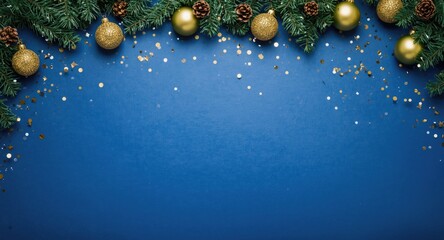Obraz premium Festive blue background with golden baubles confetti and garland Christmas frame