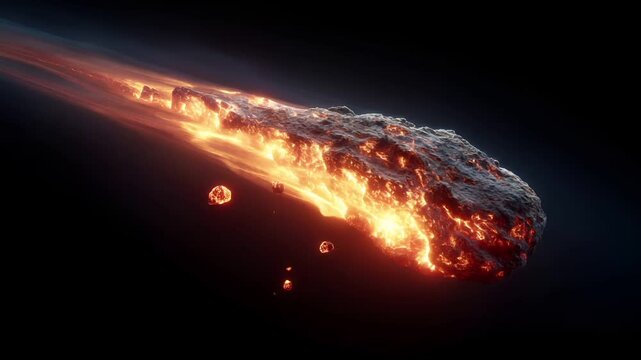 Space universe exploration, fantasy, mysterious. A vivid depiction of a fiery object, likely a meteor or comet, is depicted in a dynamic pose. The object is engulfed in flames.