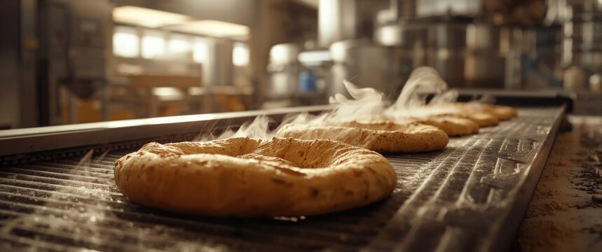 Freshly made Lebanese pita bread on conveyor in industrial bakery