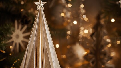 Obraz premium Geometric paper Christmas tree decor highlighted against a chic backdrop