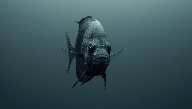 Close view of black seabream swimming with a uniform grey backdrop in ocean