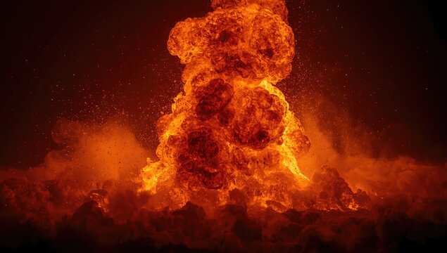 Fireball eruption sequence creating vivid flames and voluminous smoke on dark background