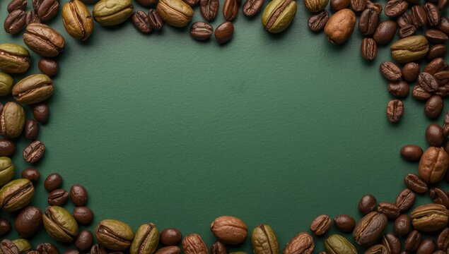 Flat lay image of coffee pods and beans arranged on a rich green surface with a copy space area