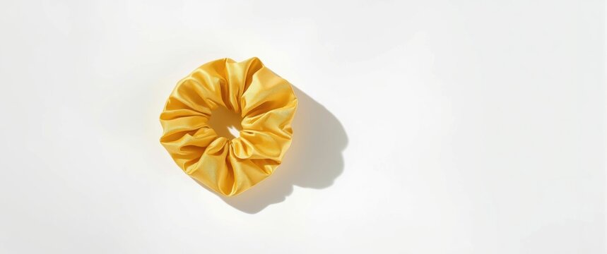 Graceful yellow satin hair scrunchie displayed on plain white backdrop