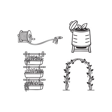 Minimalist Sustainable Gardening Icon Set Vector.featuring sustainable gardening elements including hose reel, compost bin, vertical garden, and decorative arch.
