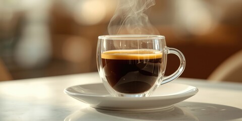 Fototapeta premium Closeup of a double wall transparent coffee glass with espresso and ceramic plate isolated