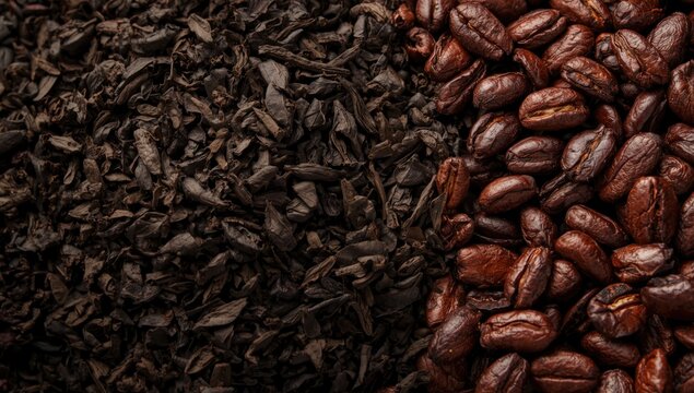 Close range capture of shu pu erh tea leaves with a chocolate taste alongside fresh cocoa beans