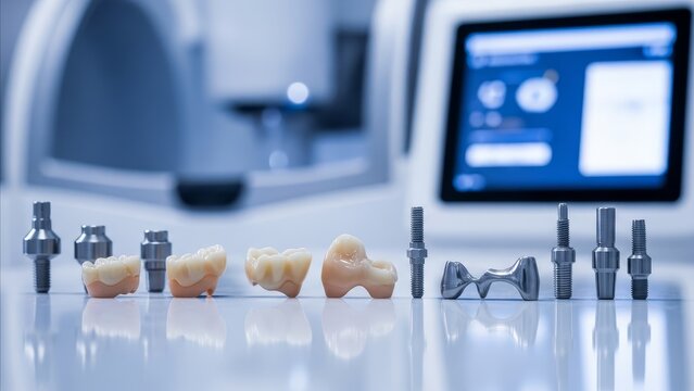 Dental - Dental Implant Components and Ceramic Crowns Displayed in Modern CAD CAM Lab with Digital Screen