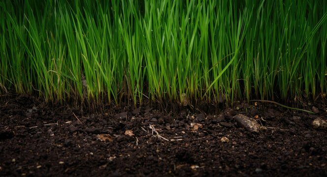 Close up view of rich soil under thick green grass
