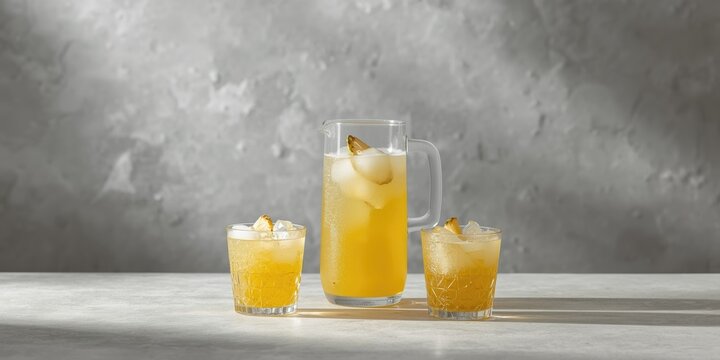 Cool tropical pineapple tepache served in transparent glasses and pitcher on a gray toned backdrop