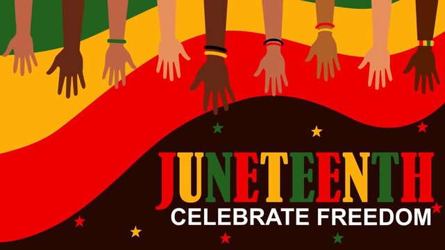 Colorful Juneteenth celebration footage featuring diverse raised hands, African heritage colors, and freedom typography symbolizing unity, equality, culture, liberation, and community pride.