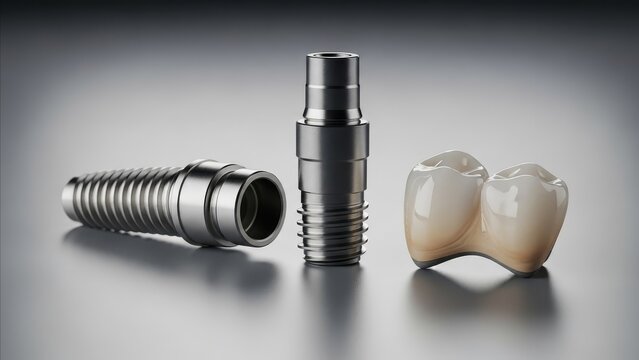 Dental - Three Component Dental Implant System with Titanium Screw Abutment and Ceramic Crown on Gray Background