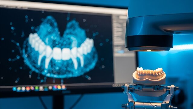 Dental Technology - 3D Digital Tooth Scan Display with Physical Dental Model Under Precision Scanner in Modern Lab