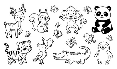 Cute cartoon wild animals set for coloring book panda, tiger, monkey, crocodile vector © Ziten