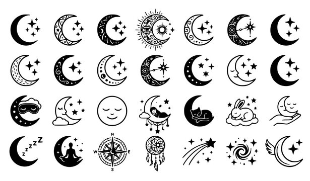 Mystic crescent moon phases and celestial elements icon set