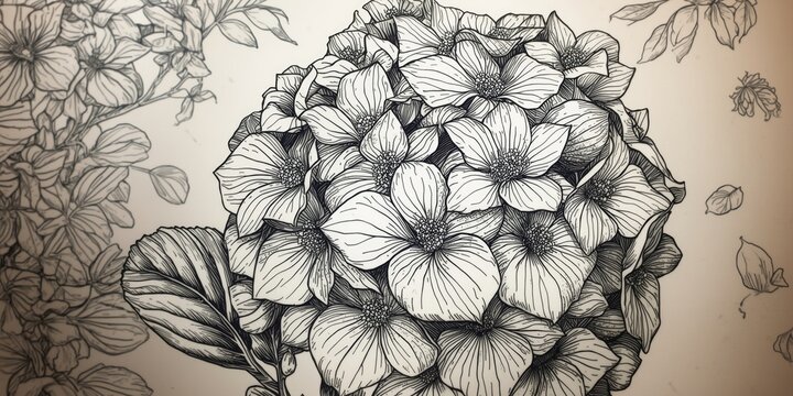 Detailed hydrangea flower illustration in fine line botanical style