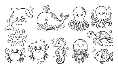 Fototapeta premium Cute sea animals coloring page for kids, ocean creatures outline vector set