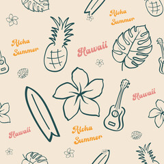 Hawaii Summer Seamless Doodle Pattern with Pineapple, Monstera Leaf, Surfboard, Plumeria Flower, Seashell and Ukulele on Beige Background © Ksenia Petunina